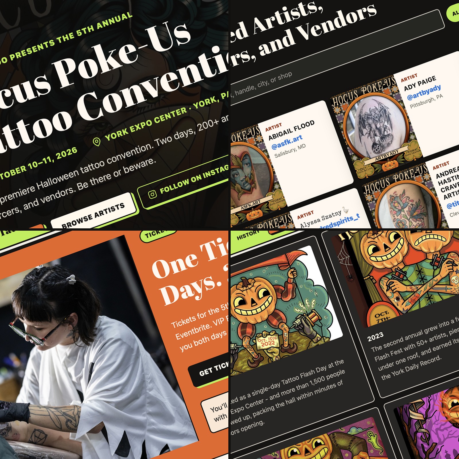 Four views of the Hocus Poke-Us website: homepage, artist directory, tickets, and event history